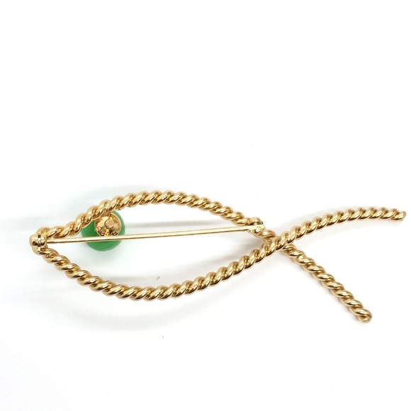 !!SOLD!! VINTAGE NAPIER FISH GREEN EYE GOLD TONE BRAIDED TWISTED WIRE BROOCH PIN - Picture 2 of 10
